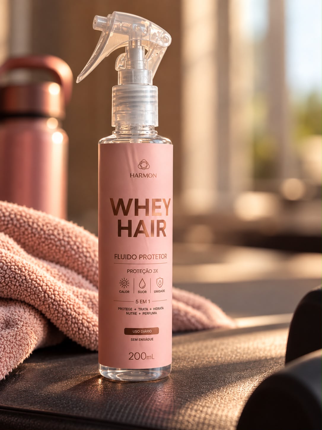 Whey Hair 200 ml sobre um banco de academia